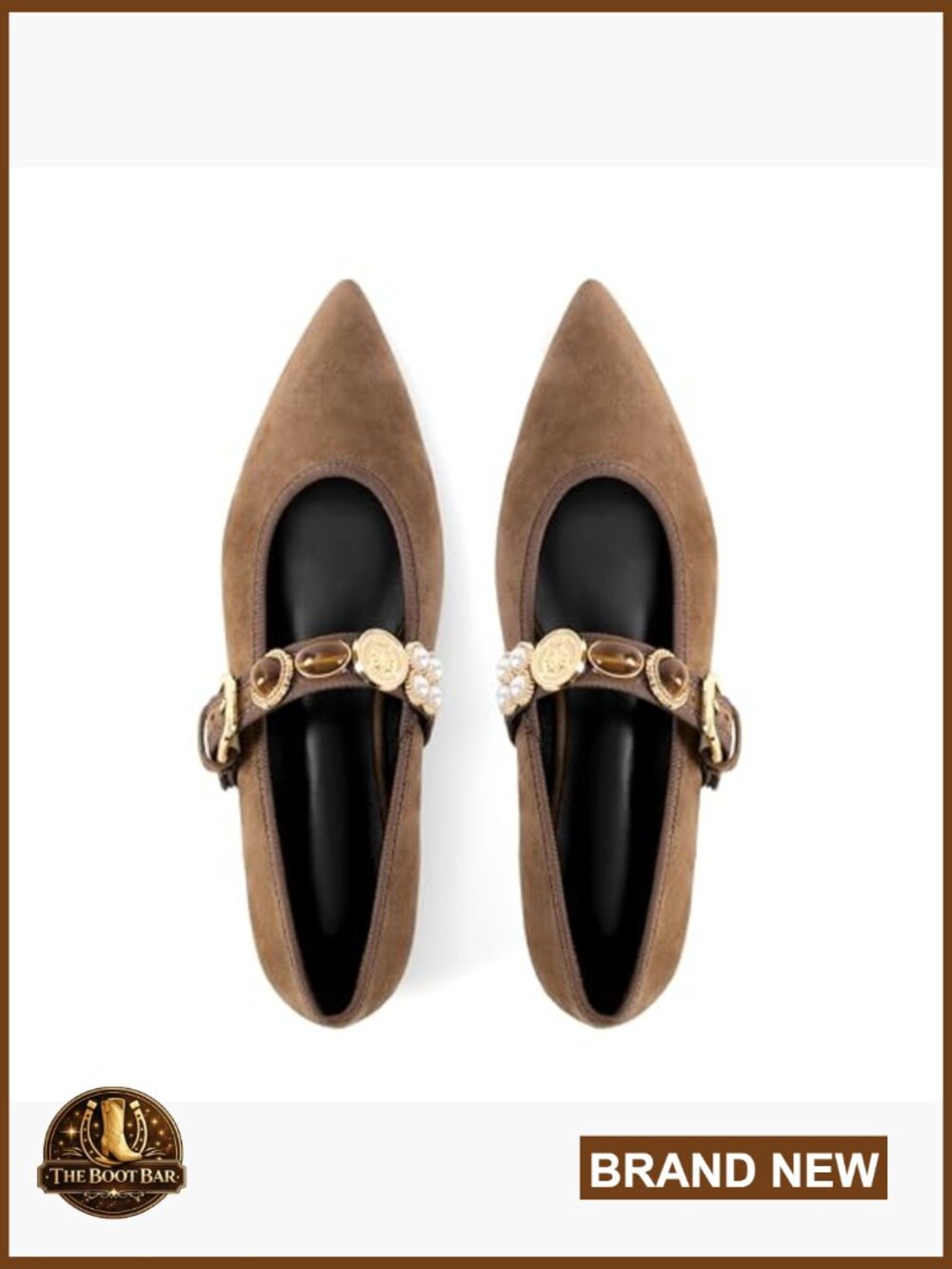 Pointed Toe Mary Jane Flats Gold Studded Buckle Strap Ballet Flats - Picture 5 of 7